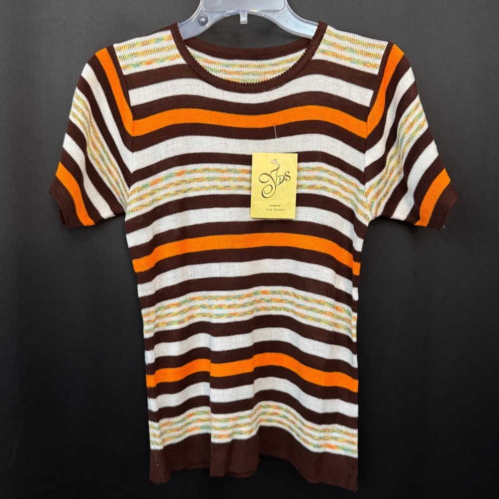 Striped Short Sleeve Knit Top Brown Orange Beige Women’s Small Fall Casual NWT - Picture 1 of 5